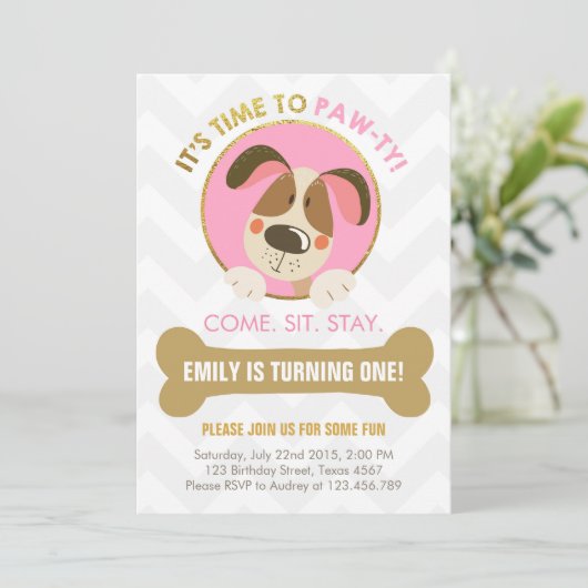 Puppy hond uitnodiging roze en Gold Paw-ty (Staand voorkant)