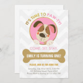 Puppy hond uitnodiging roze en Gold Paw-ty (Voorkant / Achterkant)