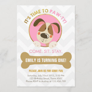Puppy hond uitnodiging roze en Gold Paw-ty