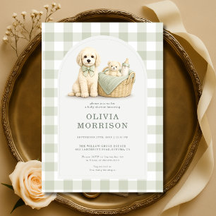 Puppy Hound Salie Groen Gingham Baby Shower Kaart