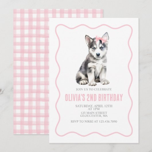 Puppy husky preppy plaid birthday invitation (Devant / Derrière)