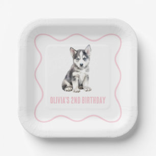 Puppy husky preppy roze ruitjes verjaardag papieren bordje