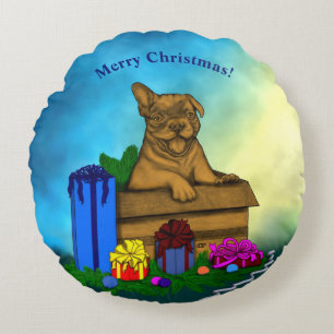 Puppy in een doos, Merry Xmas Rond Kussen