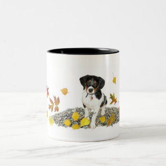 Puppy in herfstbladeren tweekleurige koffiemok