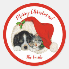Puppy & Kitten Merry-kerstkaartjes Ronde Sticker