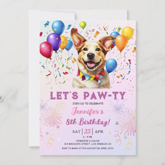Puppy Lets Pawty Verjaardagsfeestje Meisje 8e Verj Kaart (Voorkant)
