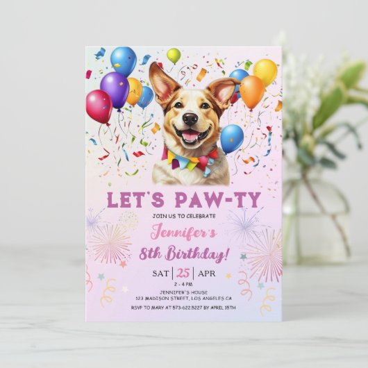 Puppy Lets Pawty Verjaardagsfeestje Meisje 8e Verj Kaart (Staand voorkant)