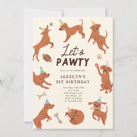 Puppy Let's Pawty verjaardagsfeestje uitnodiging (Voorkant)