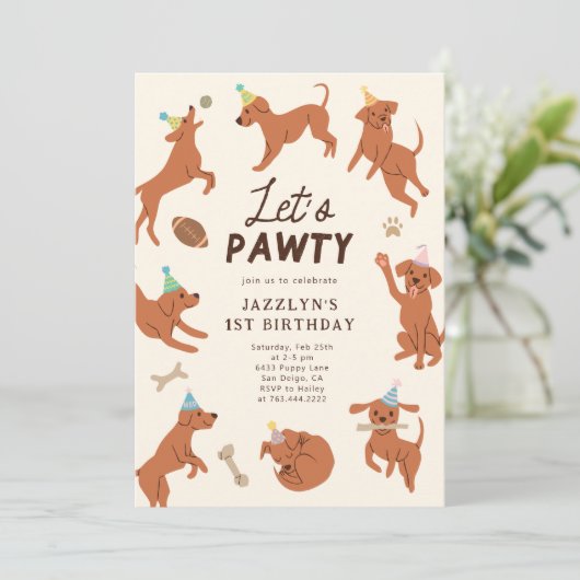 Puppy Let's Pawty verjaardagsfeestje uitnodiging (Staand voorkant)