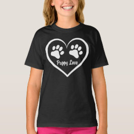Puppy Liefde hart met pootafdrukken op donker T-shirt