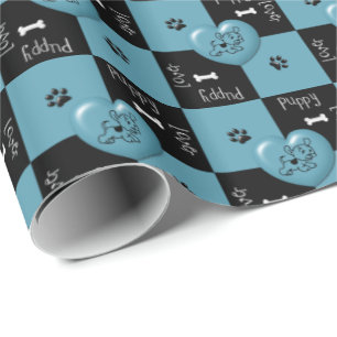 Puppy Lover Checks Blue 02-GIFT WRAPPING PAPER Cadeaupapier
