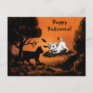 Puppy met Black Cat en Bat, Happy Halloween! Briefkaart