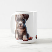 Puppy met blauwe ogen zittend en onschuldig kijken koffiemok (Voorkant links)