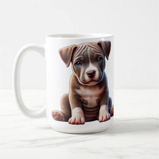 Puppy met blauwe ogen zittend en onschuldig kijken koffiemok (Links)