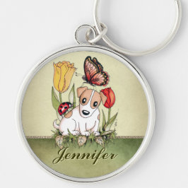 Puppy met Butterfly, Ladybug en Tulips Sleutelhanger