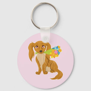 Puppy met Flower Bouquet Sleutelhanger
