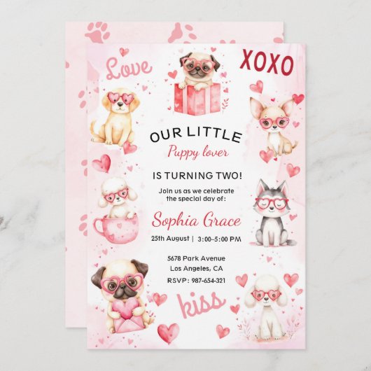 Puppy-minnaar verjaardagsfeestje uitnodiging voor  (Voorkant / Achterkant)