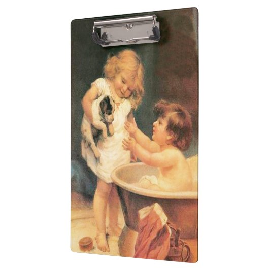 Puppy neemt een bad  Antiek Klembord (Links)