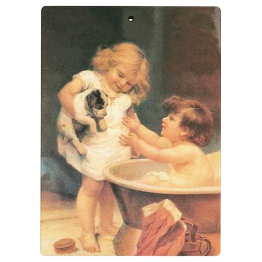 Puppy neemt een bad  Antiek Klembord (Achterkant)