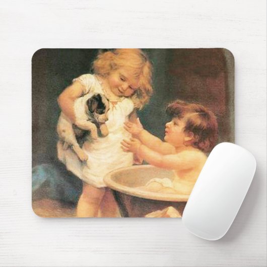 Puppy neemt een bad  Antiek Muismat (Met muis)