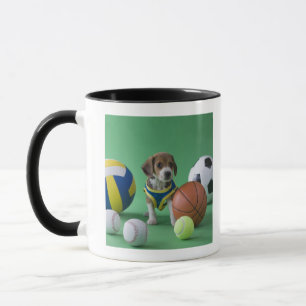 Puppy omringd door sportballen mok