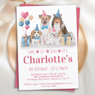 Puppy Party Dog Pink Girl Birthday Pawty Kaart