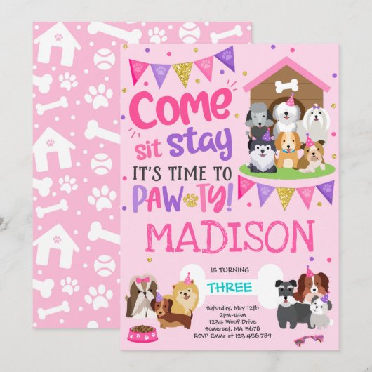 Puppy Party Invitation Pink Doggy Anniversaire Paw (Devant / Derrière)