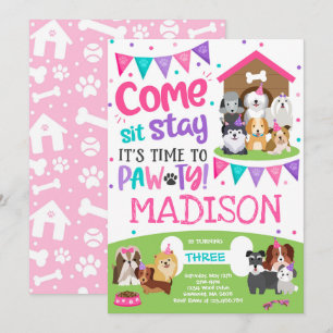 Puppy Party Invitation roze Doggy Birthday Pawty Kaart