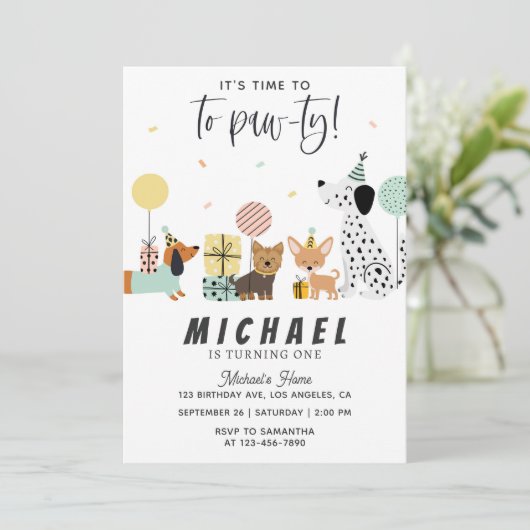 Puppy Party Verjaardag Uitnodiging Ontwerp (Staand voorkant)