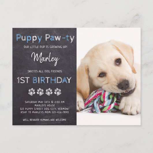 Puppy Pawty Chalkboard Blue Dog Birthday Uitnodiging Briefkaart (Voorkant)