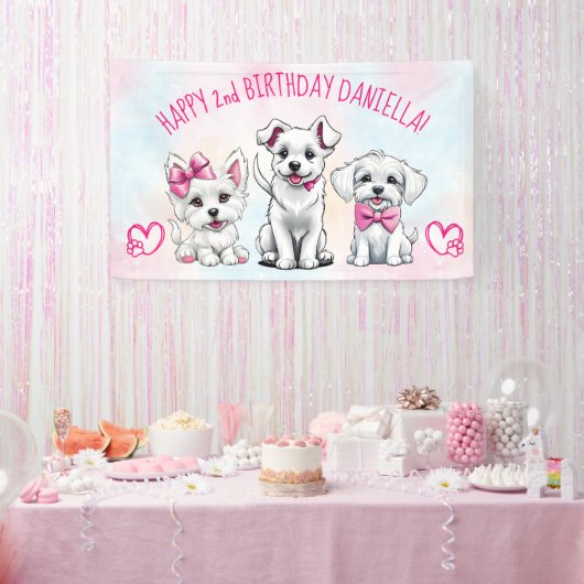 Puppy pawty happy birtyhday wit roze puppies spandoek (Feest)