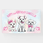 Puppy pawty happy birtyhday wit roze puppies spandoek (Horizontaal)