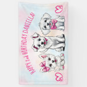 Puppy pawty happy birtyhday wit roze puppies spandoek (Verticaal)