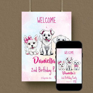 Puppy pawty schattig wit roze puppies welkom teken poster