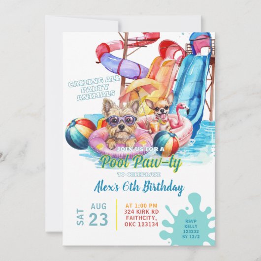 Puppy Pool Party Verjaardag Uitnodiging (Voorkant)