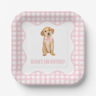 Puppy preppy roze geruite verjaardag papieren bordje