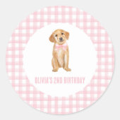 Puppy preppy roze plaid verjaardag ronde sticker (Voorkant)
