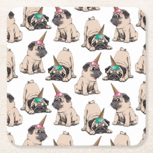 Puppy Pugs Unicorn-patroon overbrengen Vierkante Kartonnen Onderzetter