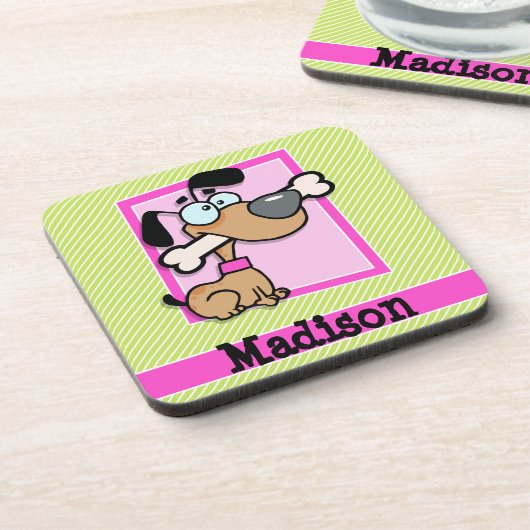 Puppy, roze, limoengroene en witte strepen onderzetter (Linkerzijde)