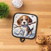 Puppy spelen in de sneeuw met een stok in de winte pannenlap (Top down)