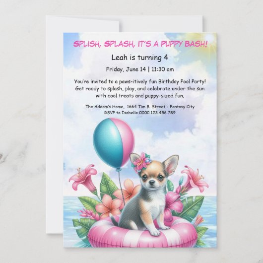 Puppy Splash Verjaardag Pool Party Uitnodiging (Voorkant)