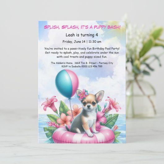 Puppy Splash Verjaardag Pool Party Uitnodiging (Staand voorkant)