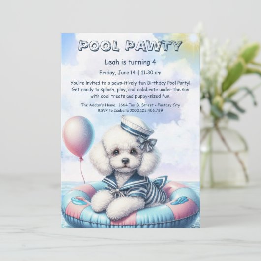 Puppy Splash Verjaardag Pool Party Uitnodiging (Staand voorkant)