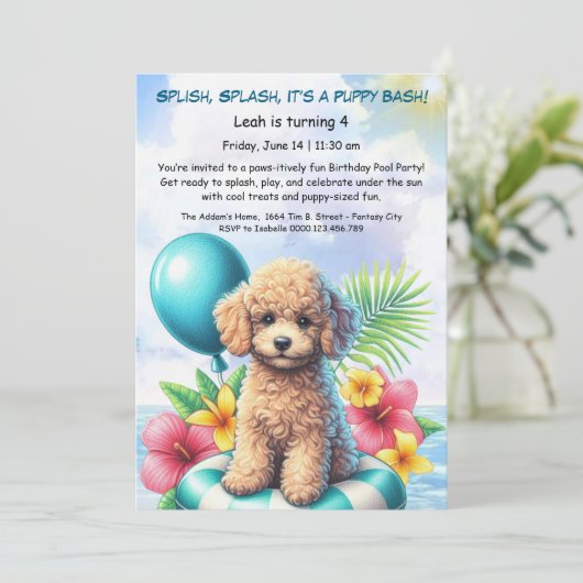 Puppy Splash Verjaardag Pool Party Uitnodiging (Staand voorkant)