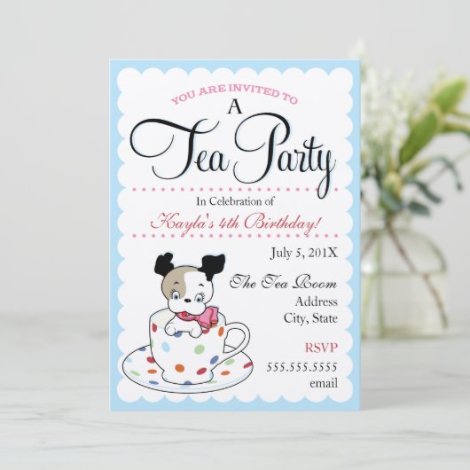 Puppy Tea Party | Retro Birthday-uitnodigingen Kaart (Staand voorkant)