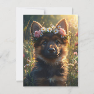 Puppy van een Duitse herder in een bloemenkroon Briefkaart