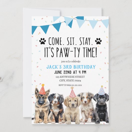PUPPY VERJAARDAG FEESTUITNODIGING LATEN WE PAW-TY KAART (Voorkant)