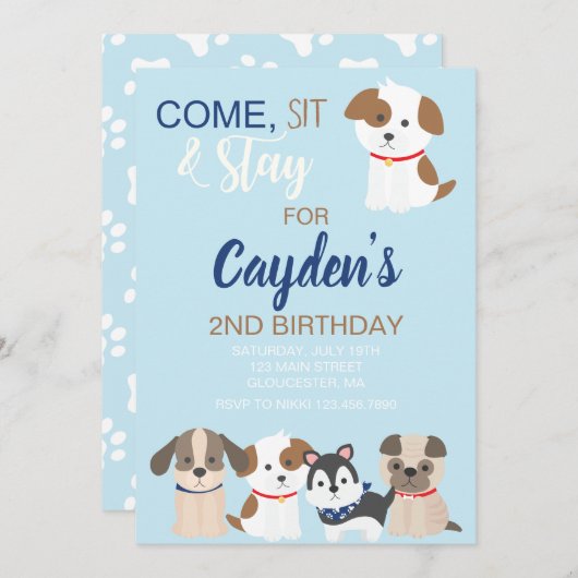 Puppy verjaardagsfeestje uitnodiging Blauw (Voorkant / Achterkant)
