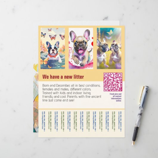 puppy-verkoop flyer met QR-code oranje (Voorkant / Achterkant in situ)