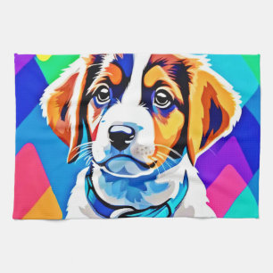 Puppyportret: kleurrijke pup theedoek